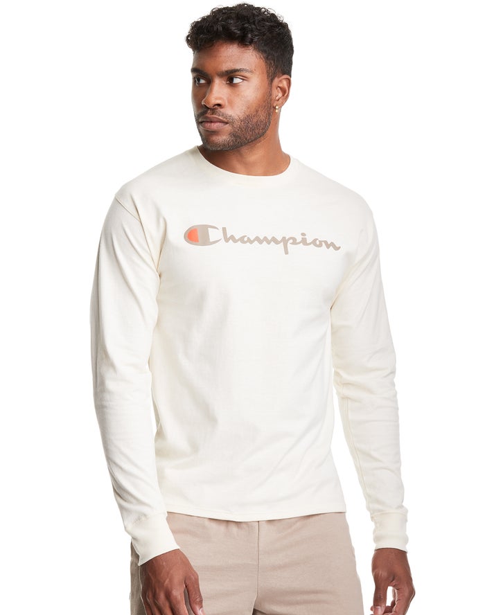 Champion Classic Long-Sleeve Script Logo Erkek Tişört Beyaz ( CMJZAL204 )